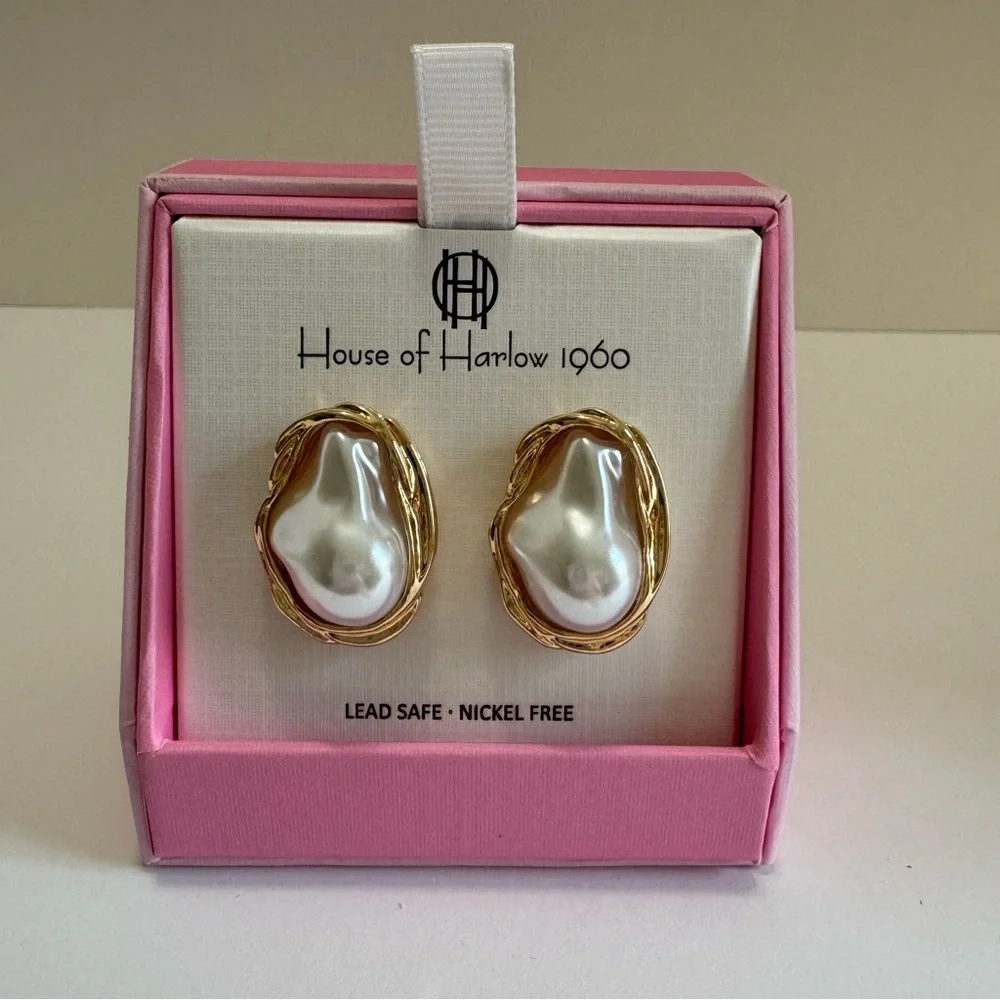 House of Harlow 1960 Faux Baroque Pearl Gold Tone Statement Stud Earrings NIB